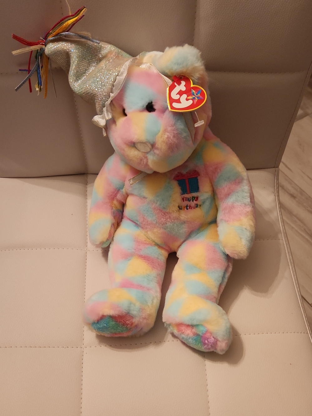 Ty Pastel Rainbow 'Happy Birthday' Bear with Silver Party Hat
